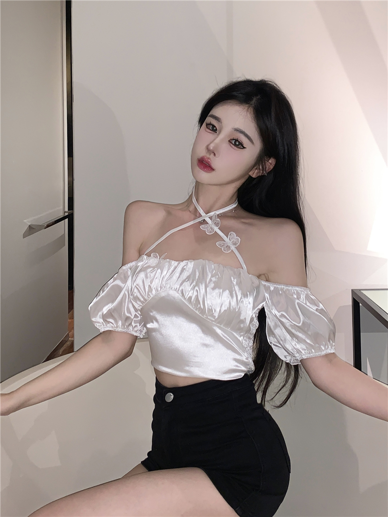 Women's French One Shoulder Cross Halter Neck Short Sleeve Shirt