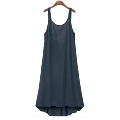 New Plus Size Women's Solid Color Linen Slip Dress - Dark Blue - View 1