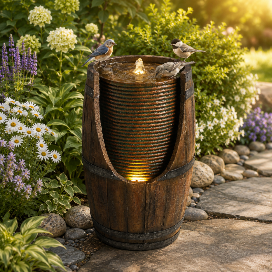 Fontaine à eau extérieure en forme de tonneau avec lumières en résine aspect bois rustique