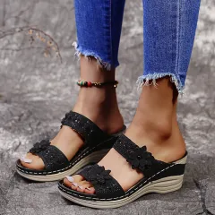 Rhinestones Flowers Shoes Roman Wedge Sandals Summer Outdoor Slippers Slides - Black - View 1