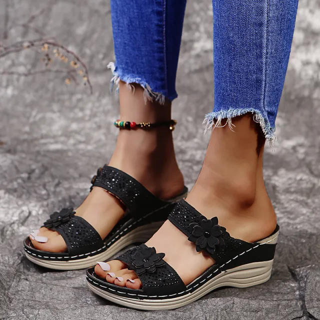 Rhinestones Flowers Shoes Roman Wedge Sandals Summer Outdoor Slippers Slides Black - Shop at LoveMi