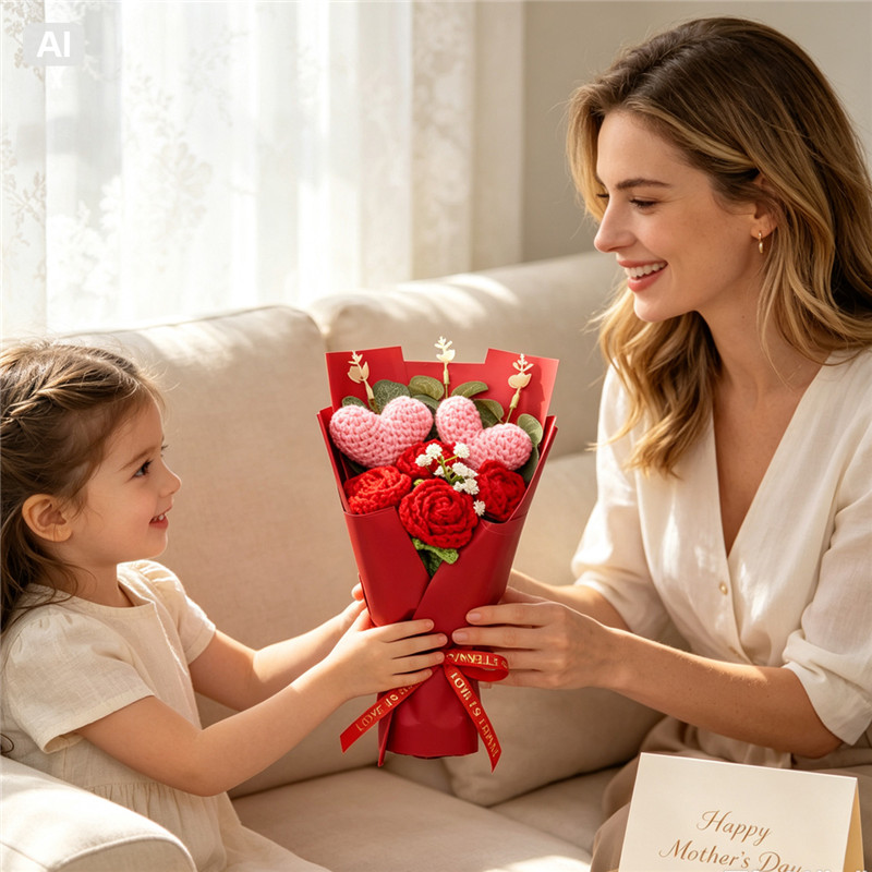 Handmade Crocheted Flower Bouquet, Heart Ornaments Matched With Red Roses And Baby's Breath, Soft Yarn Everlasting Knitted Bouquet, Indoor Home Decorative Ornam