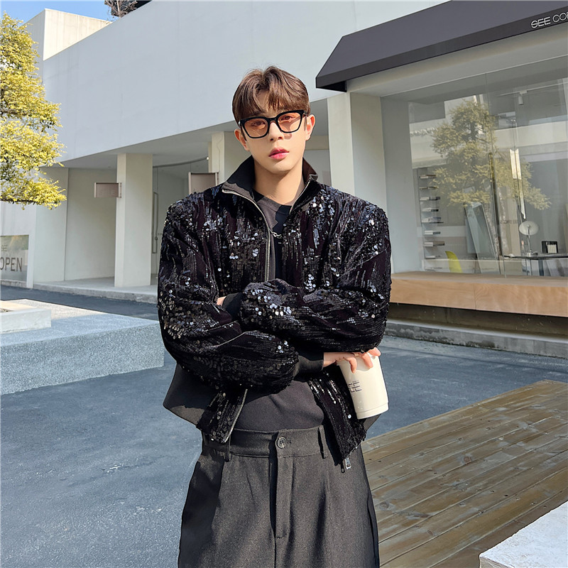 Fried Street Glitter Sequin Jacquard Small Stand-up Collar Jacket For Men