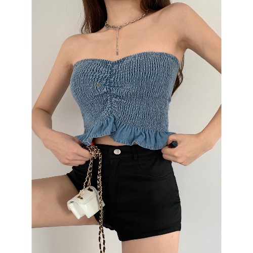 Women's Summer Wear Tight Denim Pleated Bodice Top