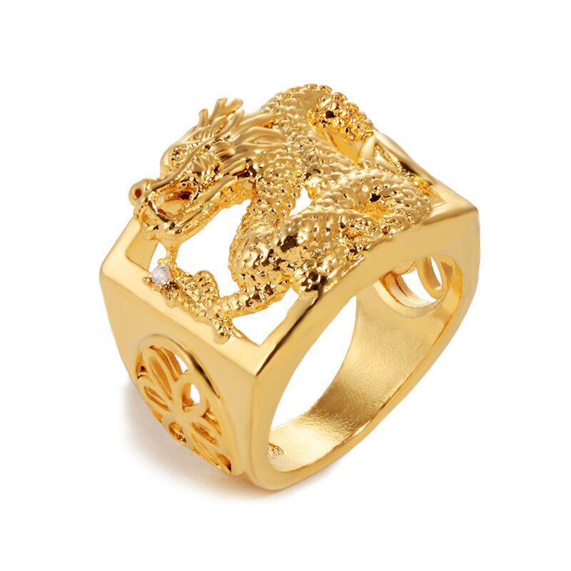 Aventurine  Gold Pure Copper Gold Plated Hollow Dragon Ring For Men