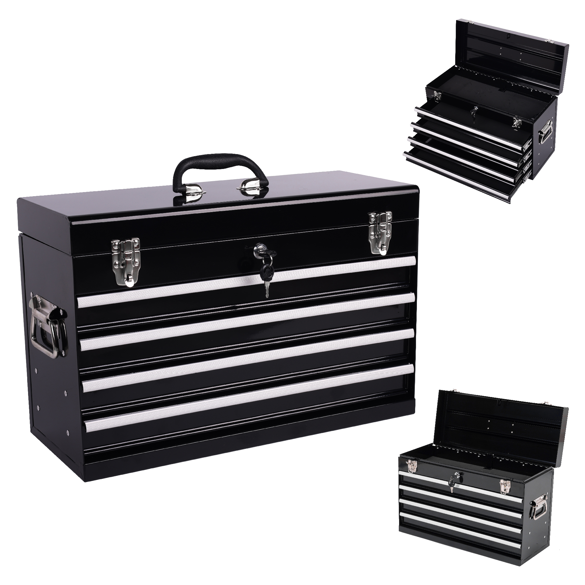 Heavy Duty Metal Tool Box, 21-inch, Portable Metal Tool Box With 4 Drawers, Small Tool Chest With EVA Liners, Ball Bearing Slide Drawers Locking & Pow
