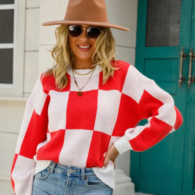 Women's Temperament Crew Neck Knitted Pullover Stripe Sweater Red - Shop at LoveMi