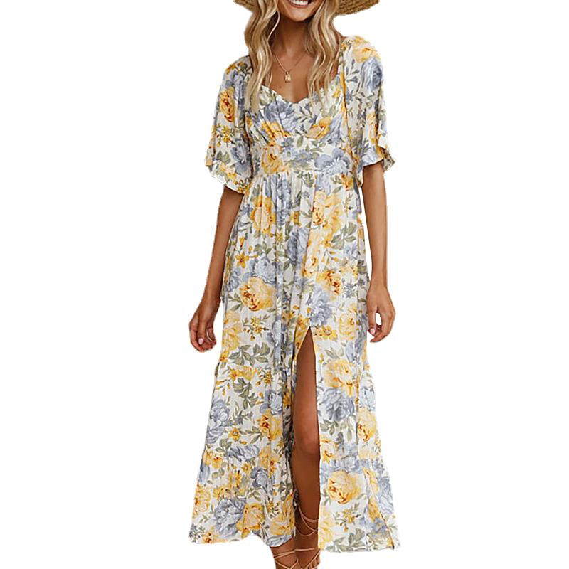 Printed V-Neck Short-Sleeved High-Waist Split Long Dress