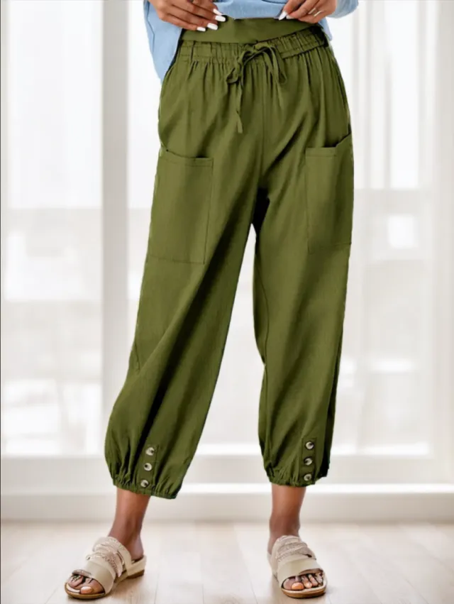 Wide Leg Capri Pants, Loose Casual Drawstring Waist Pants, Women's Clothing Green - Shop at LoveMi