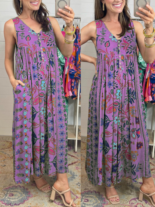 Women's Retro Printed Loose Sleeveless Jumpsuit