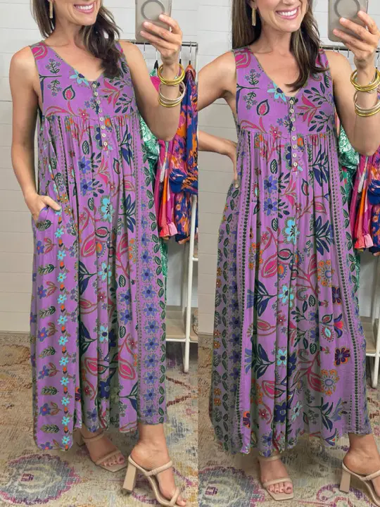 Women's Retro Printed Loose Sleeveless Jumpsuit