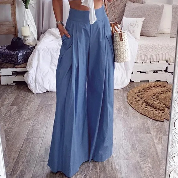 Personalized High Waist Pocket Solid Color Pants Light Blue - Shop at LoveMi