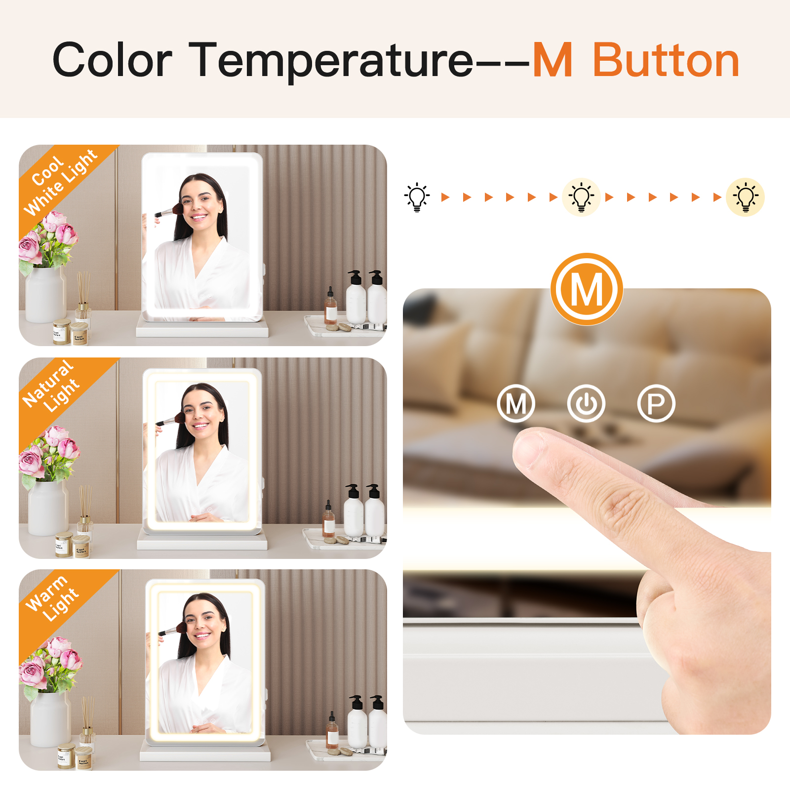 Vanity Mirror With Lights, LED Makeup Mirror With Dimmable 3 Color Modes, Touch Screen Control Vanity Based Mirror Desk Mirror Square White — foto 4