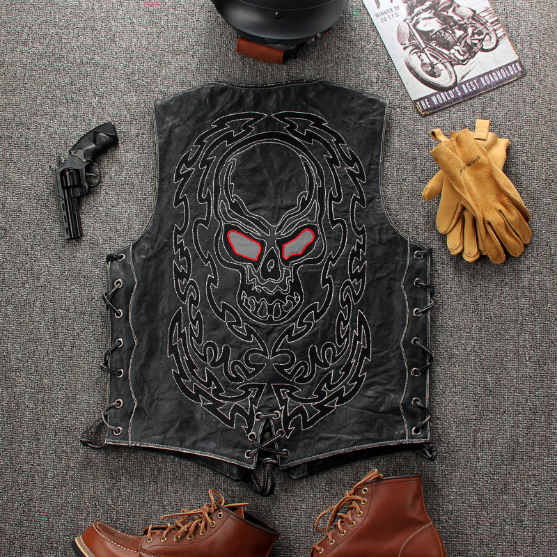 Title 6, Genuine Leather Embroidered Skull Vintage Tatte...