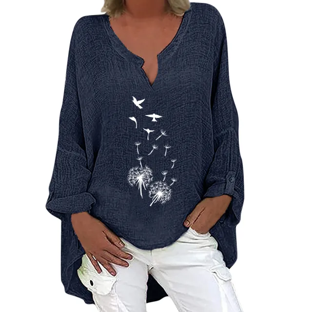 Top Dandelion Print V Neck Cotton Linen Navy - Shop at LoveMi