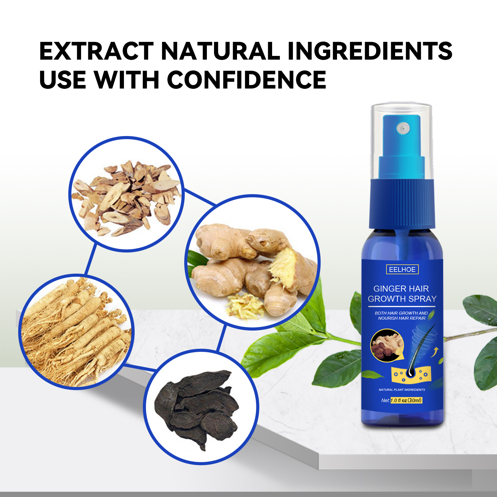 EELHOE Ginger Hair Thickening Spray, Scalp Massage Moisturizing Hair Care Nutrition Spray
