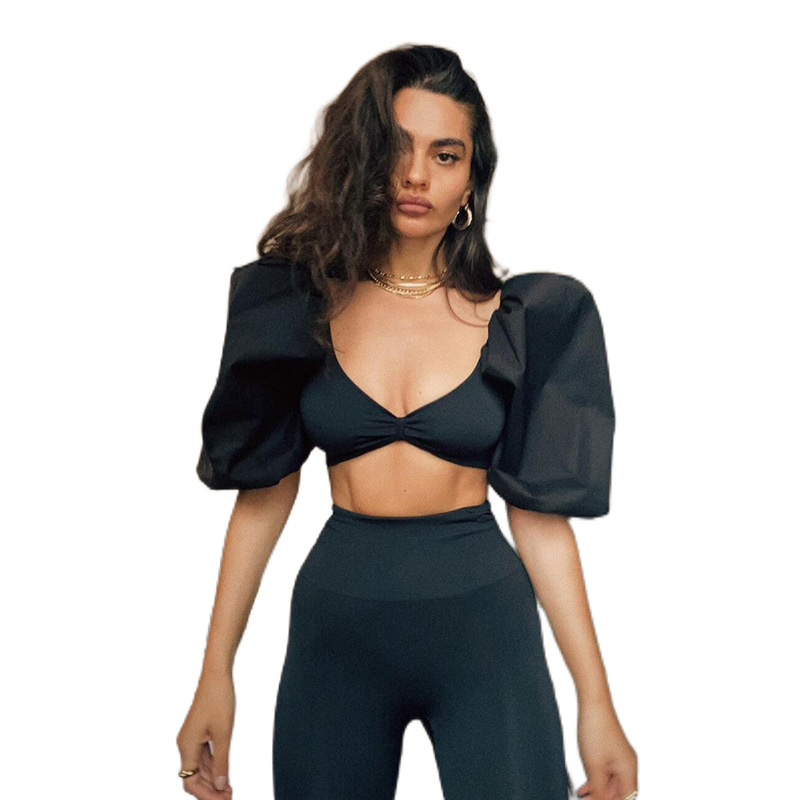Women's V-neck Lantern Sleeve Short Style Crop Slim T-shirt Female