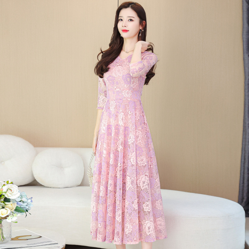 Lace Jacquard Dress For Women With Waistband Pink - Shop at LoveMi