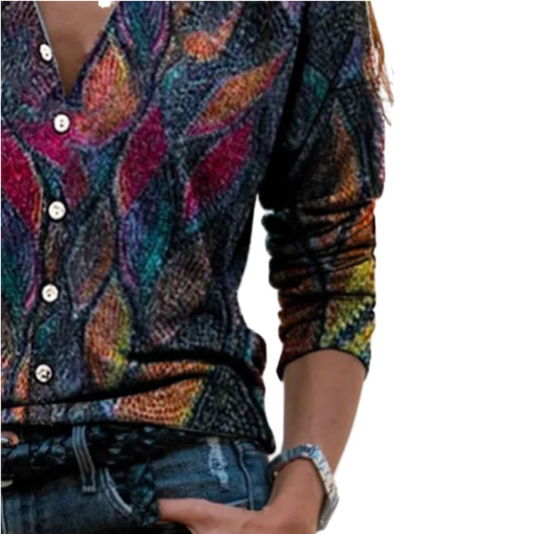 Printed V-neck Long-sleeved Top Women