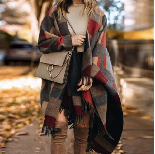 Plaid Cloak Shawl Dual Use Woolen Scarf Jacket Shawl Women Brun Tassel - Shop at LoveMi