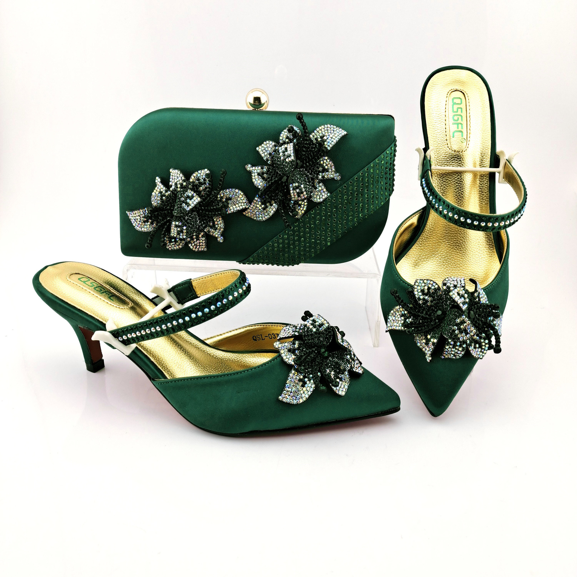 One Word Strap Sandals With Handbag Dinner Bag Pointed High Heels Green - Shop at LoveMi
