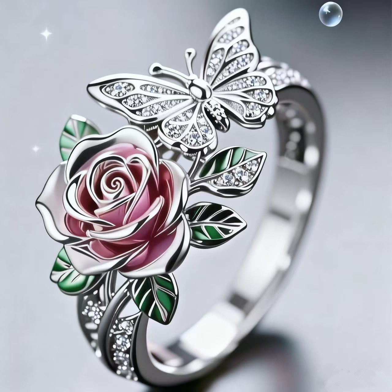 Flower Oil Dripping Open Ring, Alloy Butterfly Diamond Ring For Women thumbnail 2