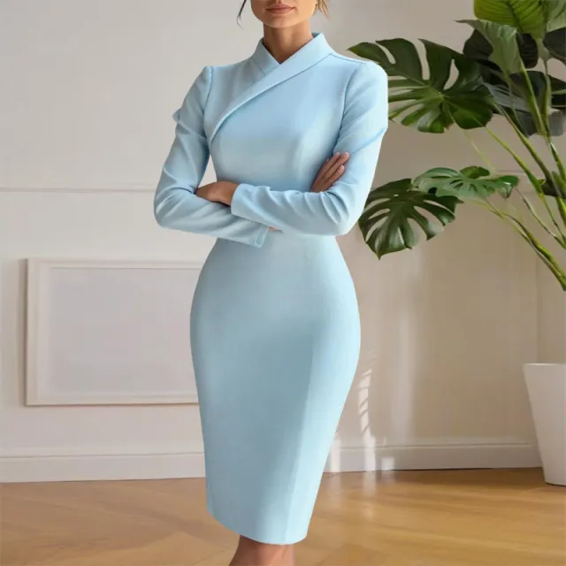 Women's Vintage Elegant Pencil Dress, Long Sleeve Solid Color Bodycon Gown For Fall And Winter Parties Sky Blue - Shop at LoveMi