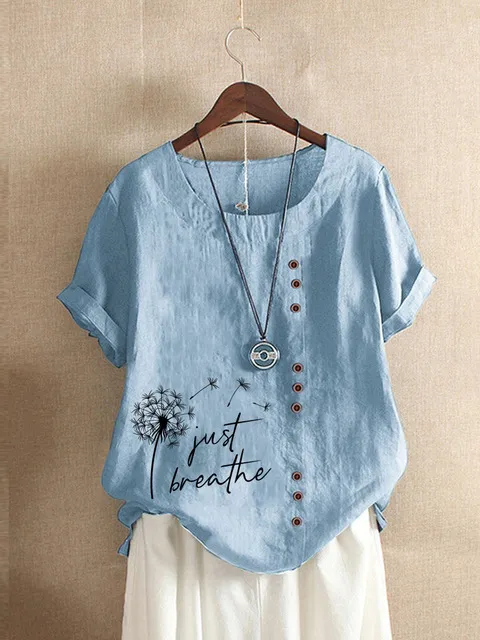 New Summer Fashion Casual Print Vintage Round Neck Short Blue - Shop at LoveMi
