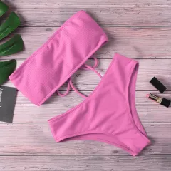 Ladies Bikini One Piece Solid Color - Pink - View 1