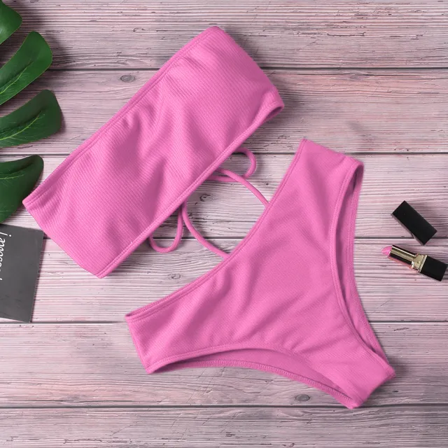 Ladies Bikini One Piece Solid Color Pink - Shop at LoveMi