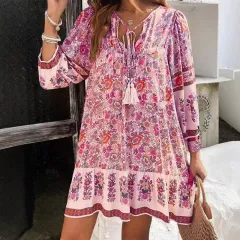 Women's Elegant V-Neck Fringe Bow Floral Print Dress Long Sleeve Comfortable Spring&Summer Dress - Pink - View 1