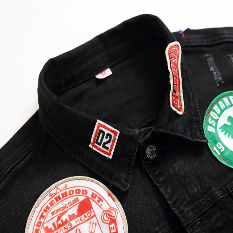 Men's Black Punk Denim Jacket Casual Embroidery Top