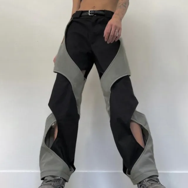 Street Chic Hollow out Cross Design Contrast Color High Waist Woven Pants Gray - Shop at LoveMi