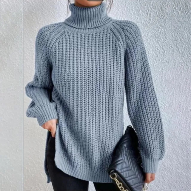 Turtleneck Pullover Sweater With Split Design Fashion Simple Solid Color Long Sleeve Tops Women's Clothing Lake Blue - Shop at LoveMi
