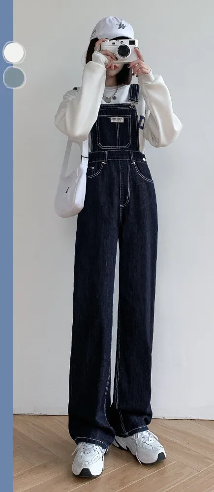 Denim Overalls, Straight Loose, Wide leg Women's Trousers Black - Shop at LoveMi