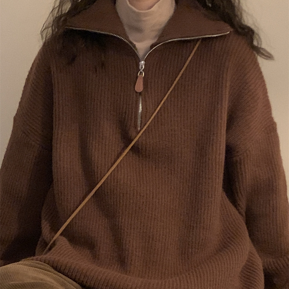 Winter Loose American Vintage Half Zipper Thickened Sweater