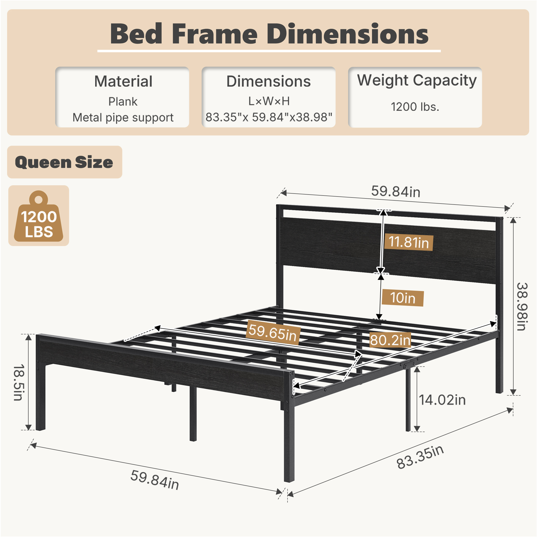 Heavy-duty Metal Platform Bed With Wooden Headboard, Capable Of Supporting 1000 Pounds, And With Storage Space Beneath The Bed. image 14