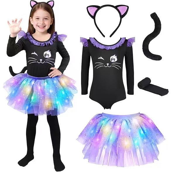 Children's Cat Cosplay Costume Playful Black Cat Outfit With Tutu Skirt For Girls