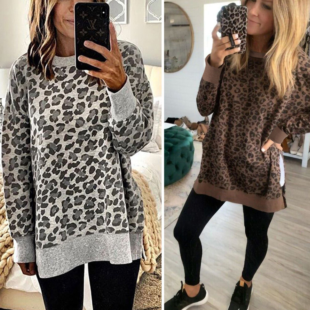 Title 4, Leopard print round neck irregular long-sleeved...