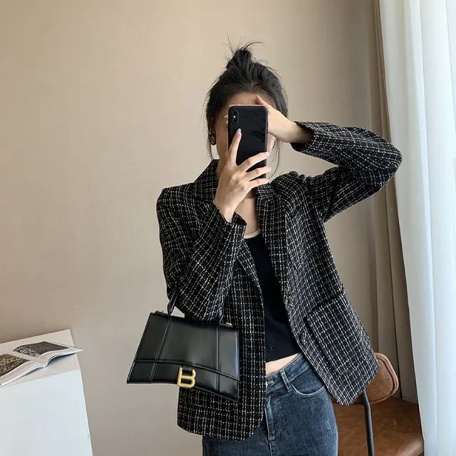 Ladies' New Plaid Suit Collar Wool Short Coat Black - Shop at LoveMi