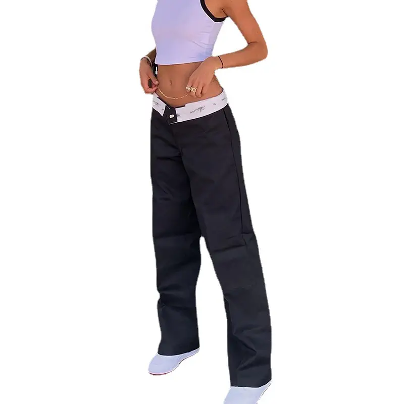 Contrast Color Cuffs Solid Color Simple Design Straight-leg Pants