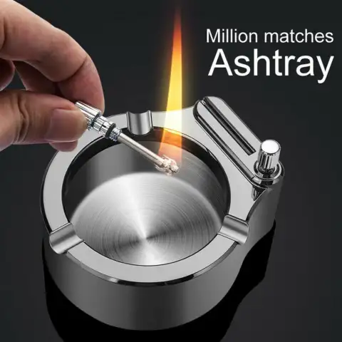 Large Cigarette Ashtray with Permanent Match Lighter Fancy Metal