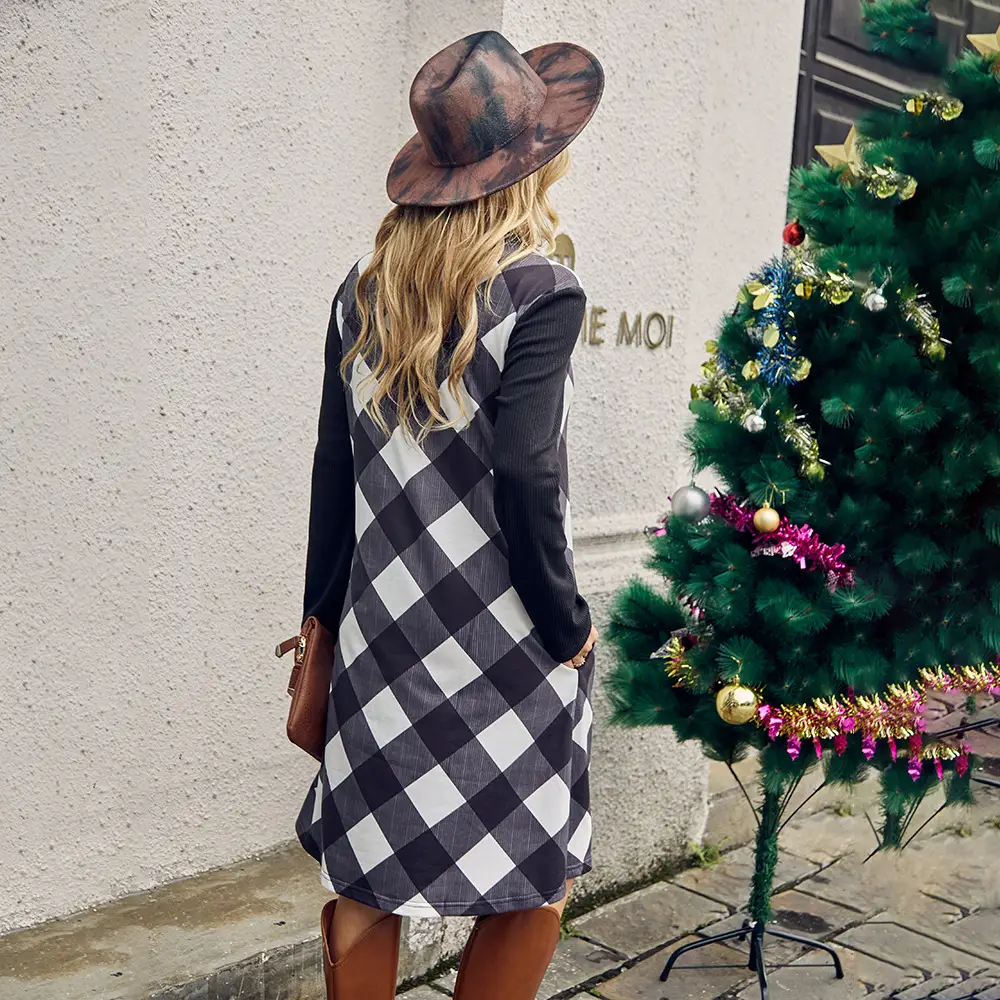 Women's Stylish Temperament Long Sleeves Plaid Dress