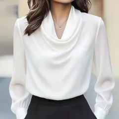 Women's Elegant Draped Neck Blouse, Solid Colour Ruffle Detail Long Sleeve Shirt For Office And Formal Wear - White - View 1