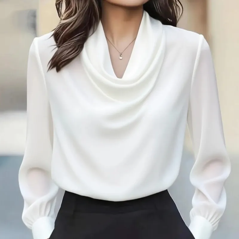 Women's Elegant Draped Neck Blouse, Solid Color Ruffle Detail Long Sleeve Shirt For Office And Formal Wear - White