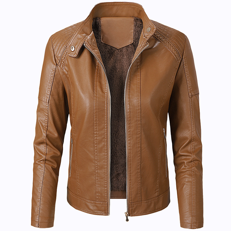 Long Sleeve Ladies Leather Jacket Pu Leather Women Short Brown - Shop at LoveMi