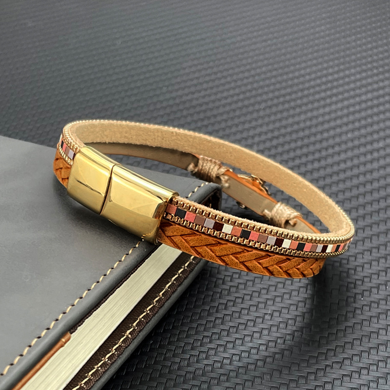 Braided Leather Stainless Steel Magnetic Buckle Bracelet