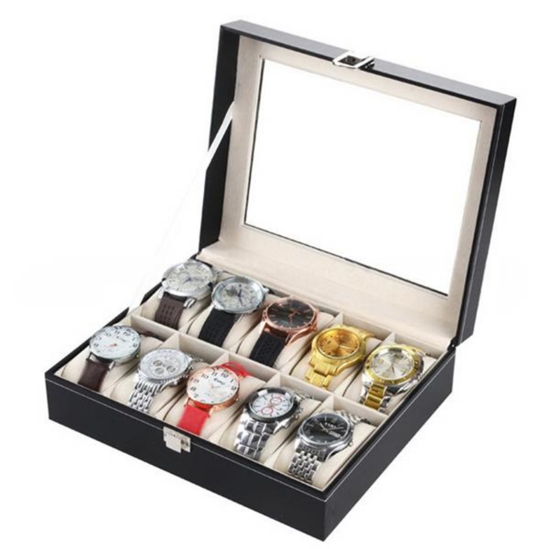 10 Compartments High-grade Leather Watch  Storage Box Black 3