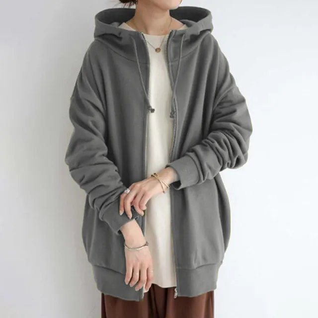 Zipper Hooded Long Plus Fleece Sweatshirt Grey - Shop at LoveMi