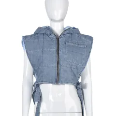 Women's New Denim Filled Cotton Hollowed Out Binding Hooded Trend Vest - Light Blue - View 1